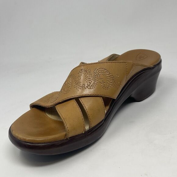 Ariat Wedge Heel Slide Sandals Womens 8.5 B Tan Brown Leather Stitching Western - Picture 8 of 15